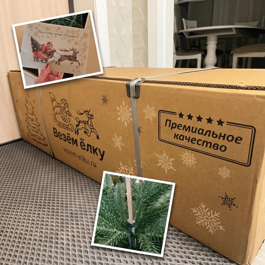 Брендированная коробка «Везём ёлку» с пометкой «Премиальное качество»