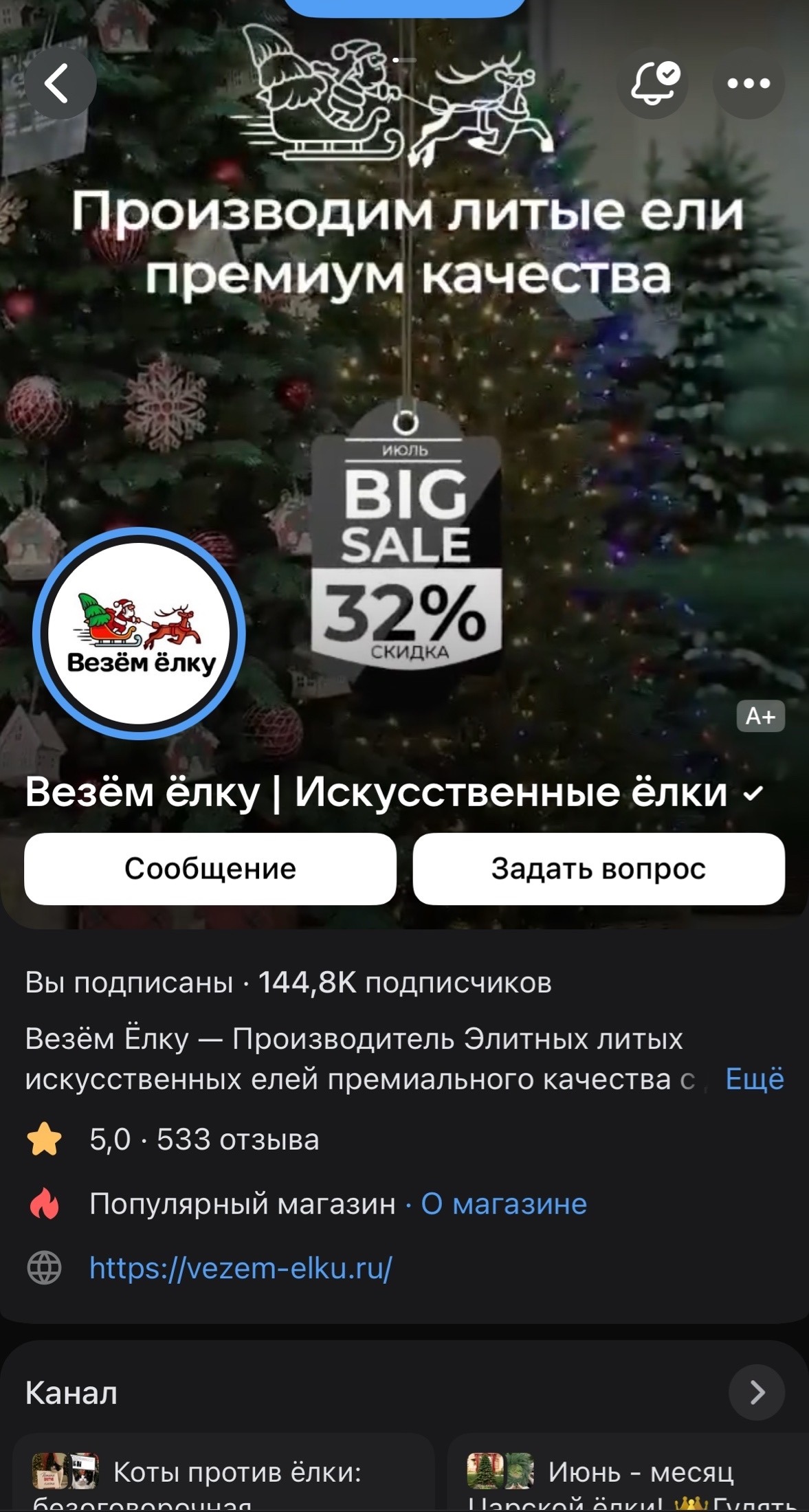 Сообщество «Везём ёлку» ВКонтакте: 144,8 тысяч подписчиков, рейтинг 5,0 и 533 отзыва
