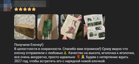 Отзыв покупателя ВКонтакте: оценка 5 звёзд и фото полученной ели